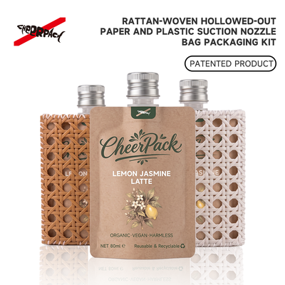 गुणवत्ता  Reusable Rattan Woven Spout Pouch with Aluminum Cap | CheerPack Patented 100ml rattan-woven hollow-out spout pouch with reusable Sleeve and aluminum screw cap. Eco cosmetic packaging, OEM/ODM welcome. कारखाना